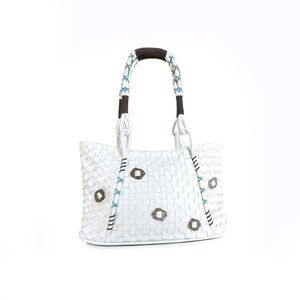 CROMIA Handbag White Woven Leather Shoulder Bag Turquoise & Brown stitch